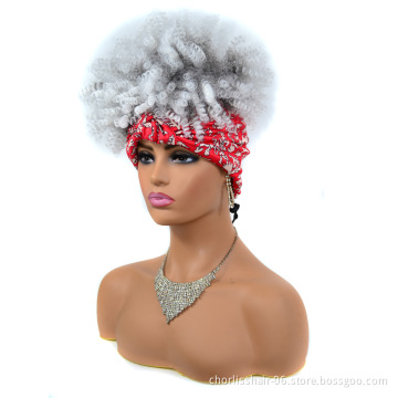 Wholesale Ombre Cheap Turban Afro Wig Afro Wig Short Heat Resistant Fluffy Synthetic Wig With Headband Attached For Women